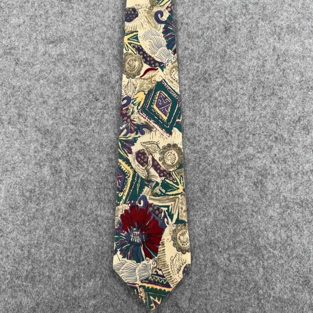 Tom James Mens Silk Necktie Abstract Floral Geometric Green Burgundy Tan 3.75"